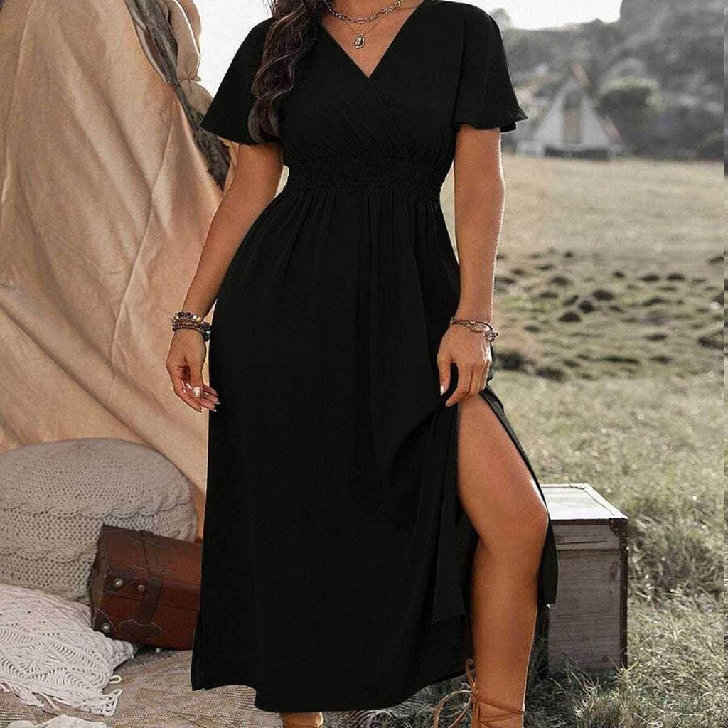 Elegant V-Neck Bell Sleeve Long Slit Dress - ZA-Zola