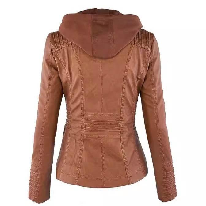 Women’s Zipper Leather Jacket with Detachable Lapel Coat - ZA-Zola