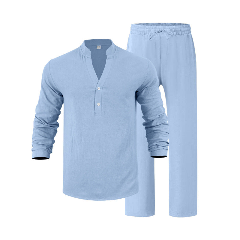 Light blue long-sleeve shirt and pants set on a white background