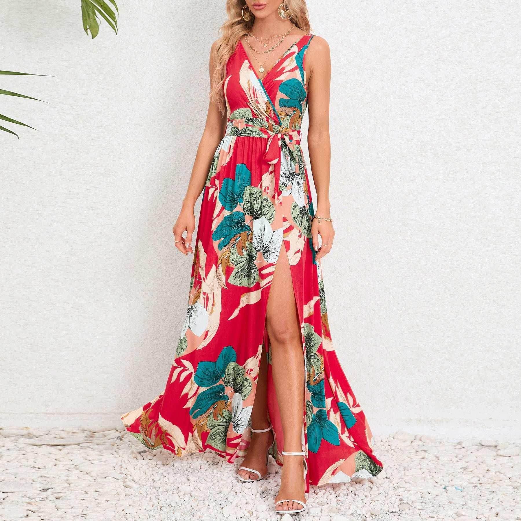 V-Neck Floral Print Long Dress with Waist Tie & Slit - ZA-Zola