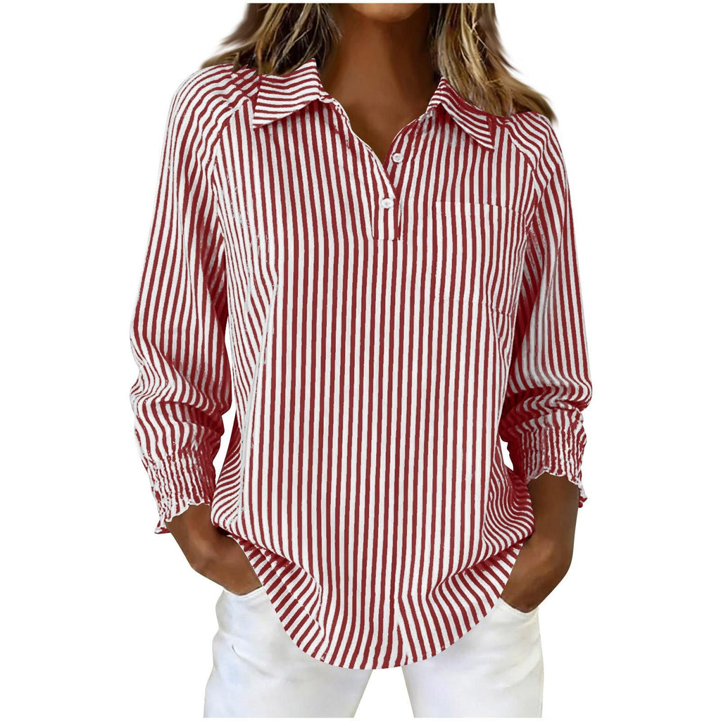 Red and white striped shirt worn by a person on a white background