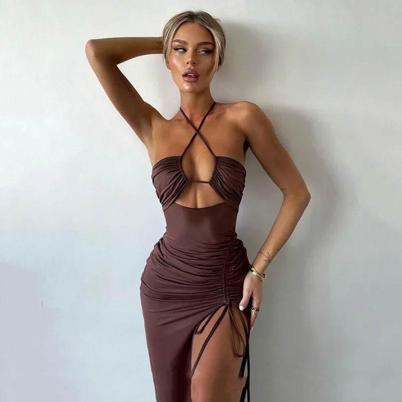 Sexy Halterneck Lace-up Split Dress - Summer Y2K Fashion - ZA-Zola