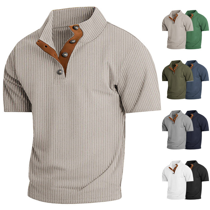 Men's short-sleeve shirt with striped pattern and brown accents on a white background