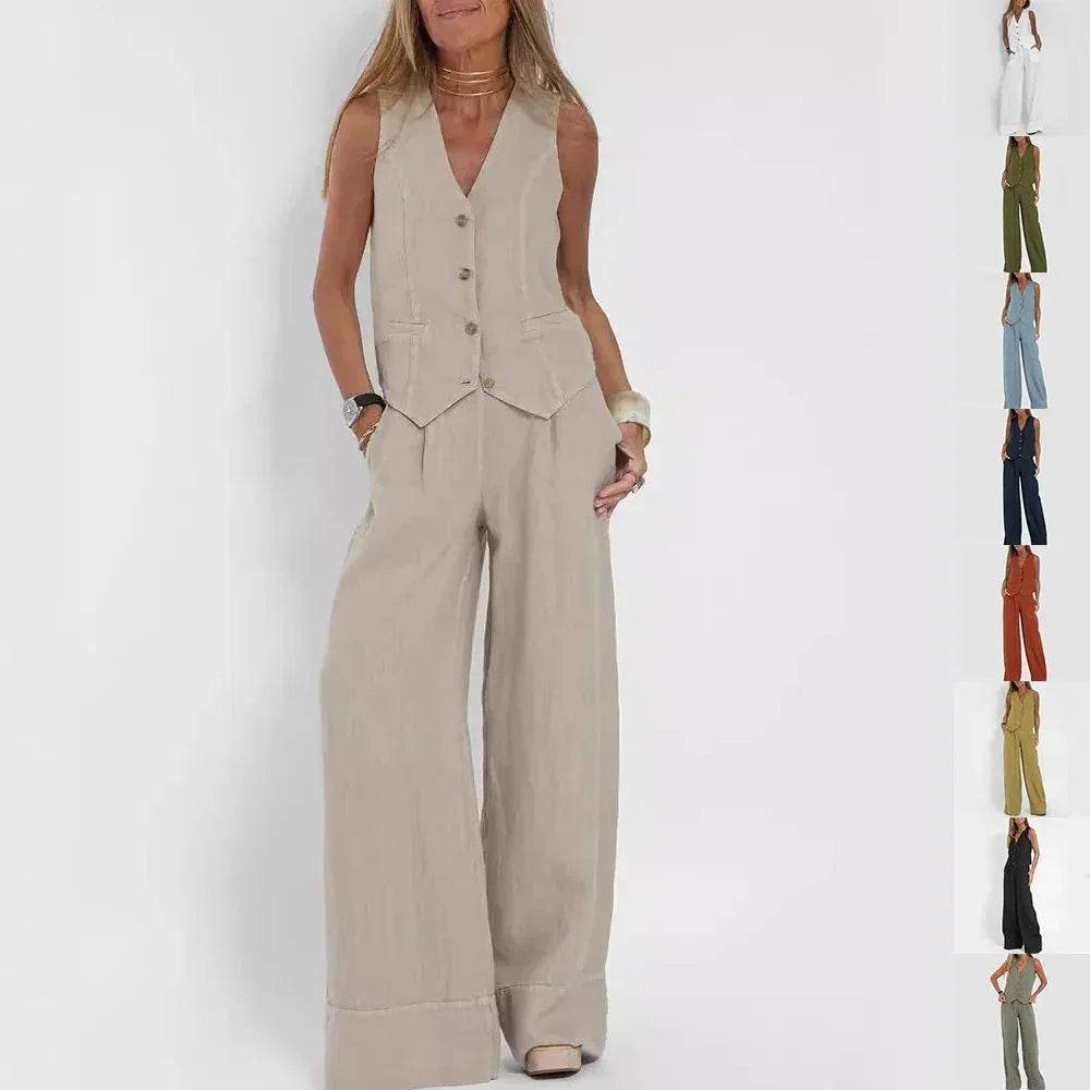 Woman in beige wide-leg pants and sleeveless vest, ZA-Zola trendy fashion outfit