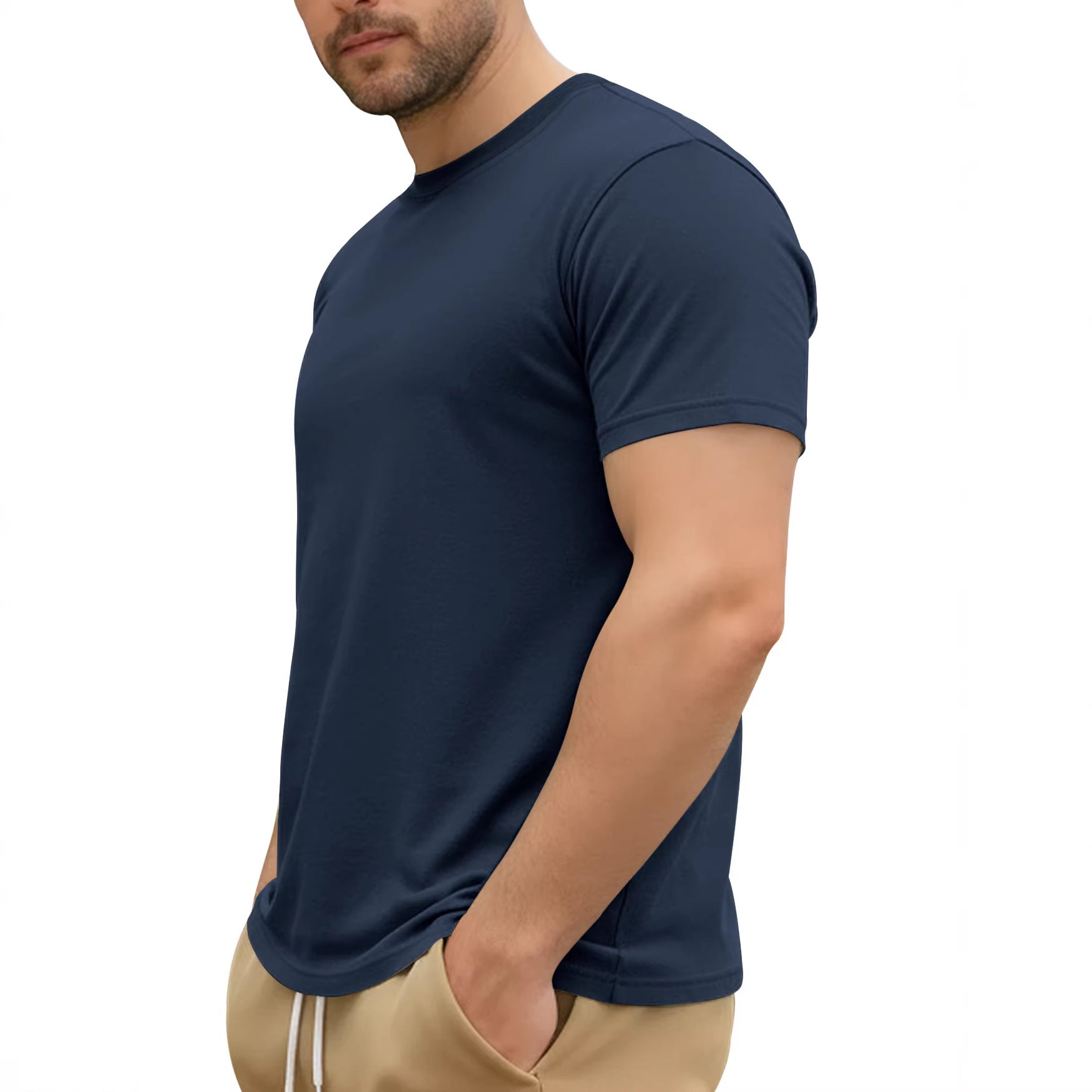Man wearing a navy blue t-shirt on a white background