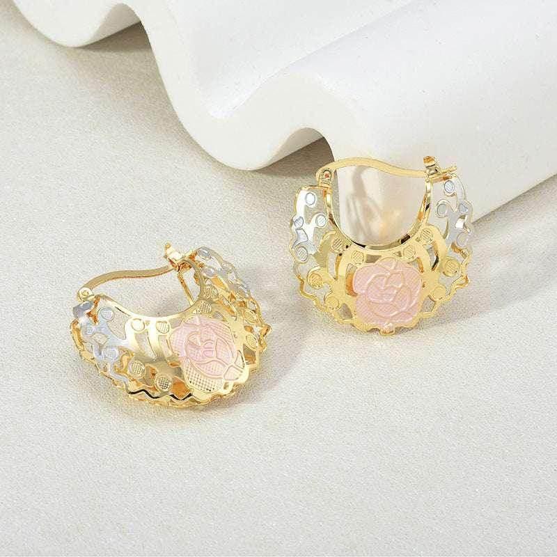 Gold Contrast Hollow Rosette Hoop Earrings - ZA-Zola