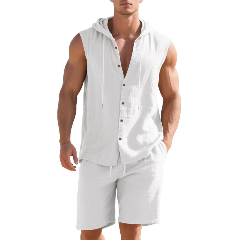 Man wearing a white sleeveless shirt and shorts on a white background