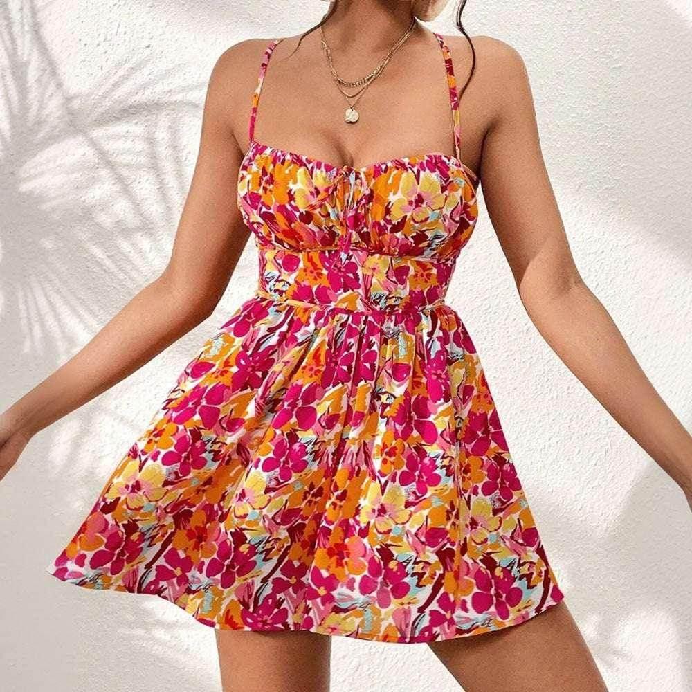 Women's Floral Print Lace-Up Back Dress – Summer Holiday Style - ZA-Zola