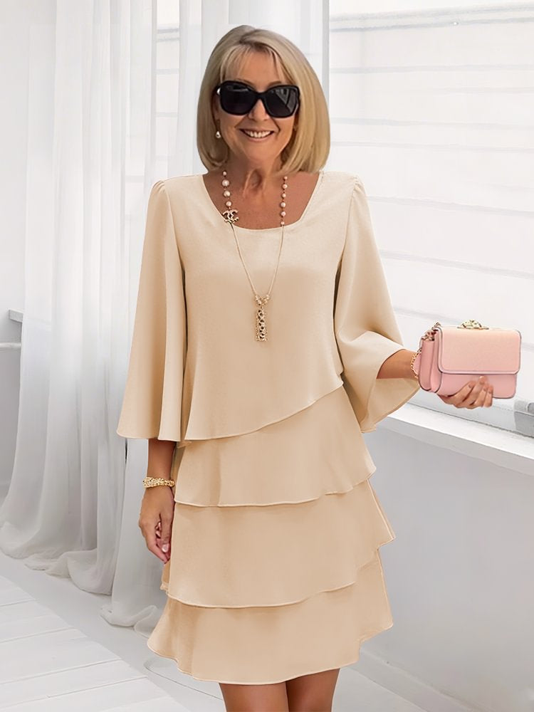 Round Neck Patchwork Cake Skirt Midi Dress for Women