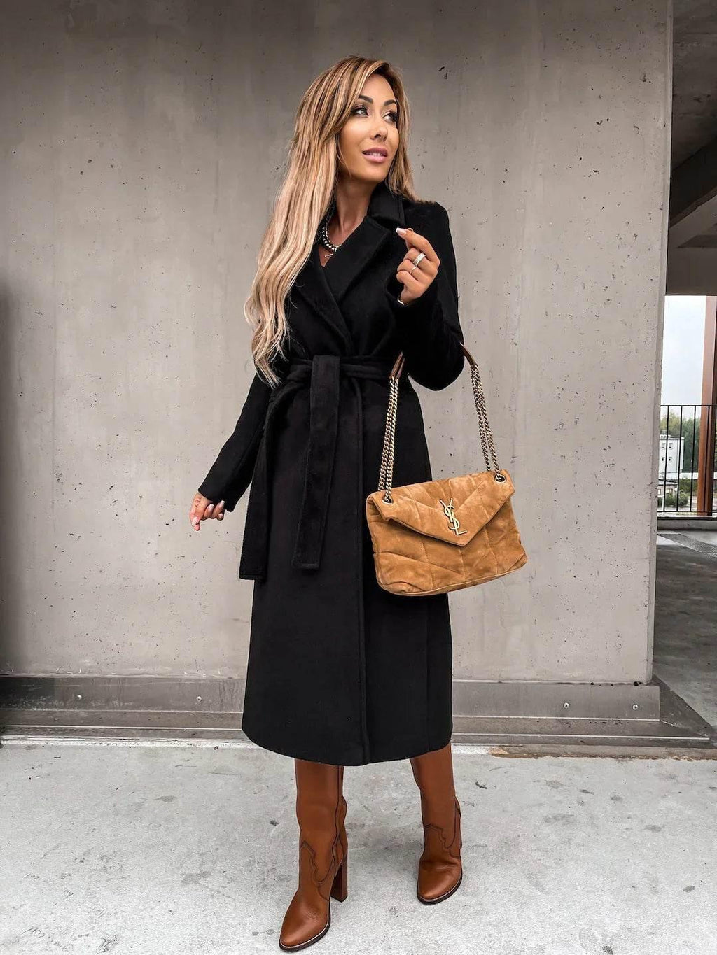 ZA-Zola Women’s Woolen Lace-Up Long Coat - ZA-Zola