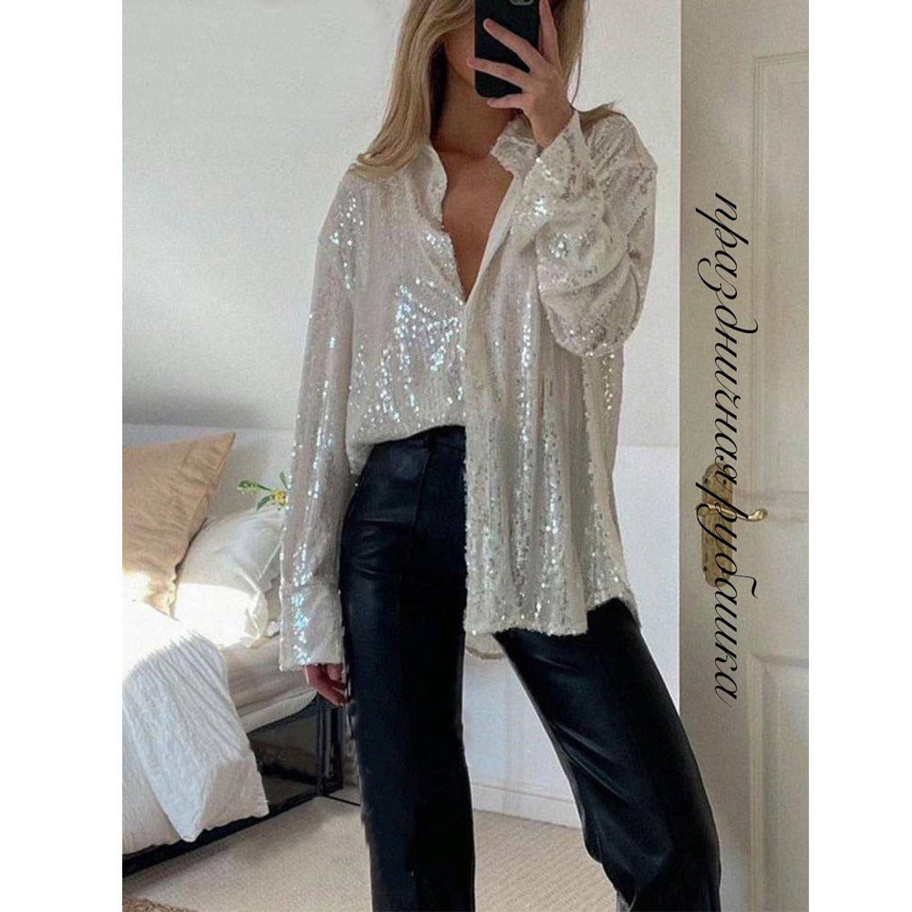 Sequin Lapel Long Sleeve Shirt | Sparkly Loose Top