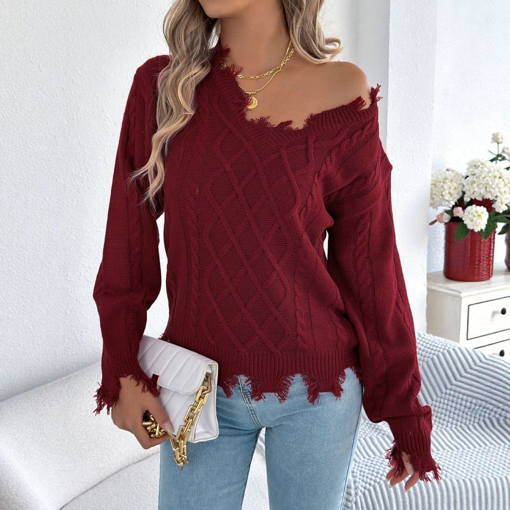 V-Neck Cable Knit Sweater for Women | Long Sleeve