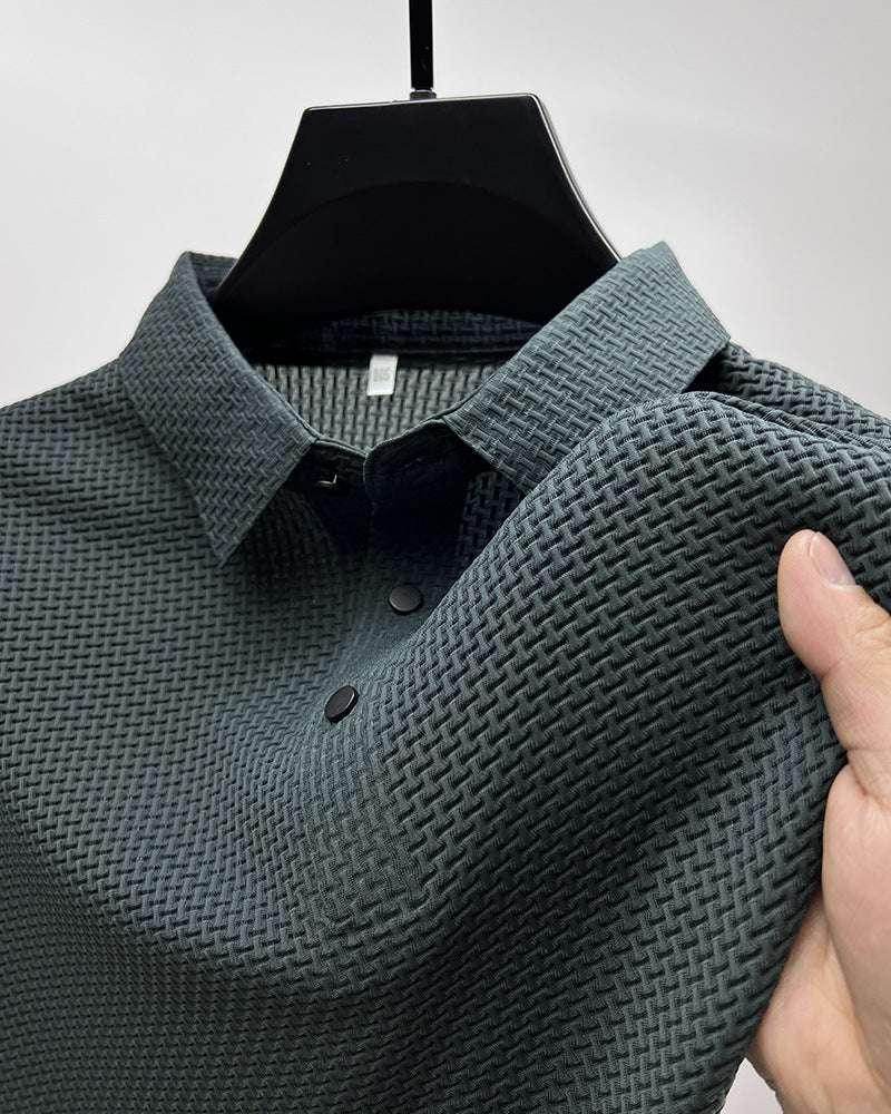 Textured dark green polo shirt with buttons on hanger, ZA-Zola UK mens clothing