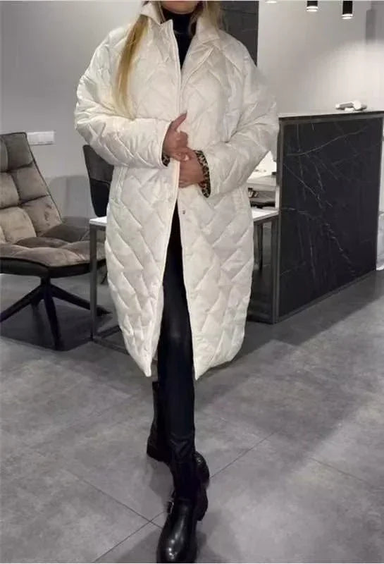 Women Rhombus Stitching Coat – Warm Long Jacket with Lapel & Pockets - ZA-Zola