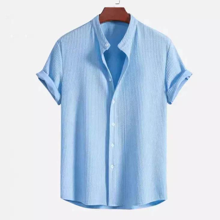 Light blue short sleeve textured shirt with mandarin collar, stylish apparel from ZA-Zola UK
