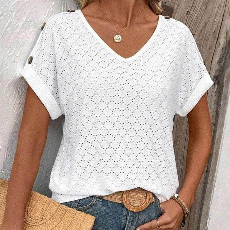 Button Jacquard Loose Summer T-Shirt for Women - ZA-Zola
