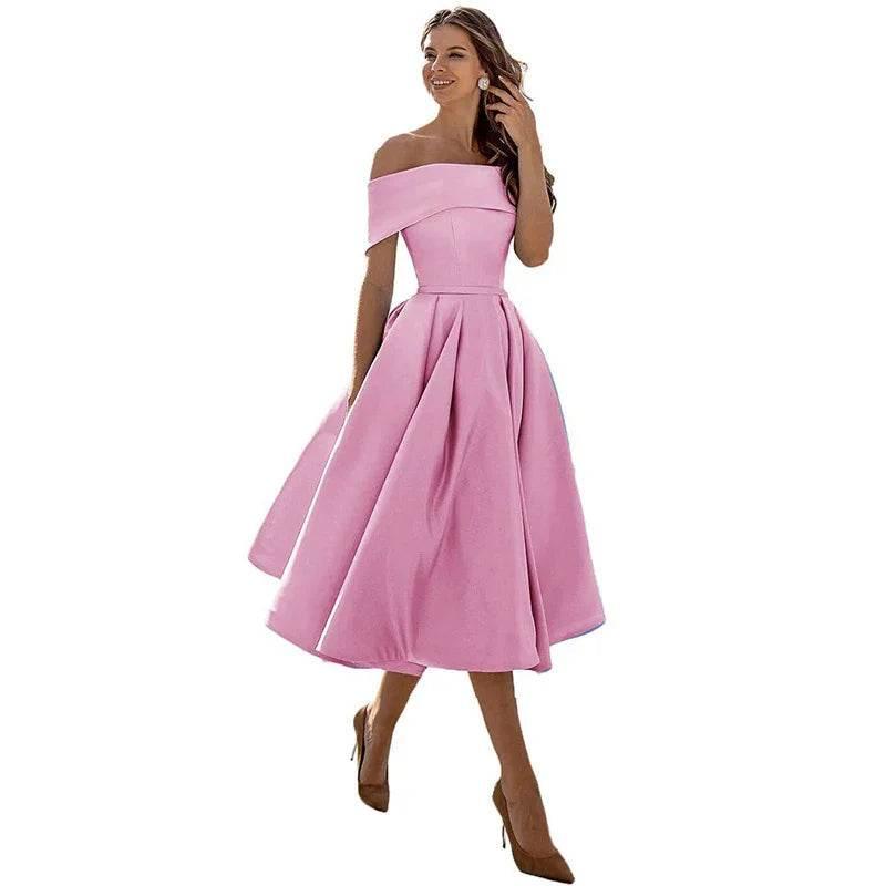Off-Shoulder Satin Tea-Length Party Dress - ZA-Zola