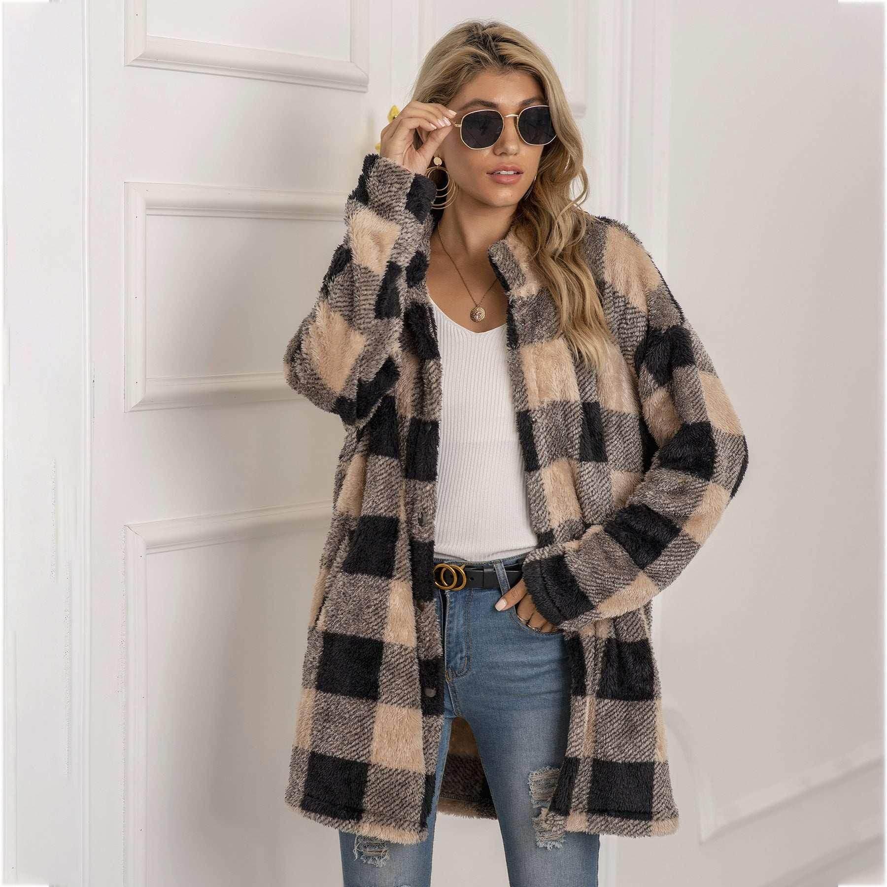 Colorblock Plaid Fleece Jacket for Women - ZA-Zola