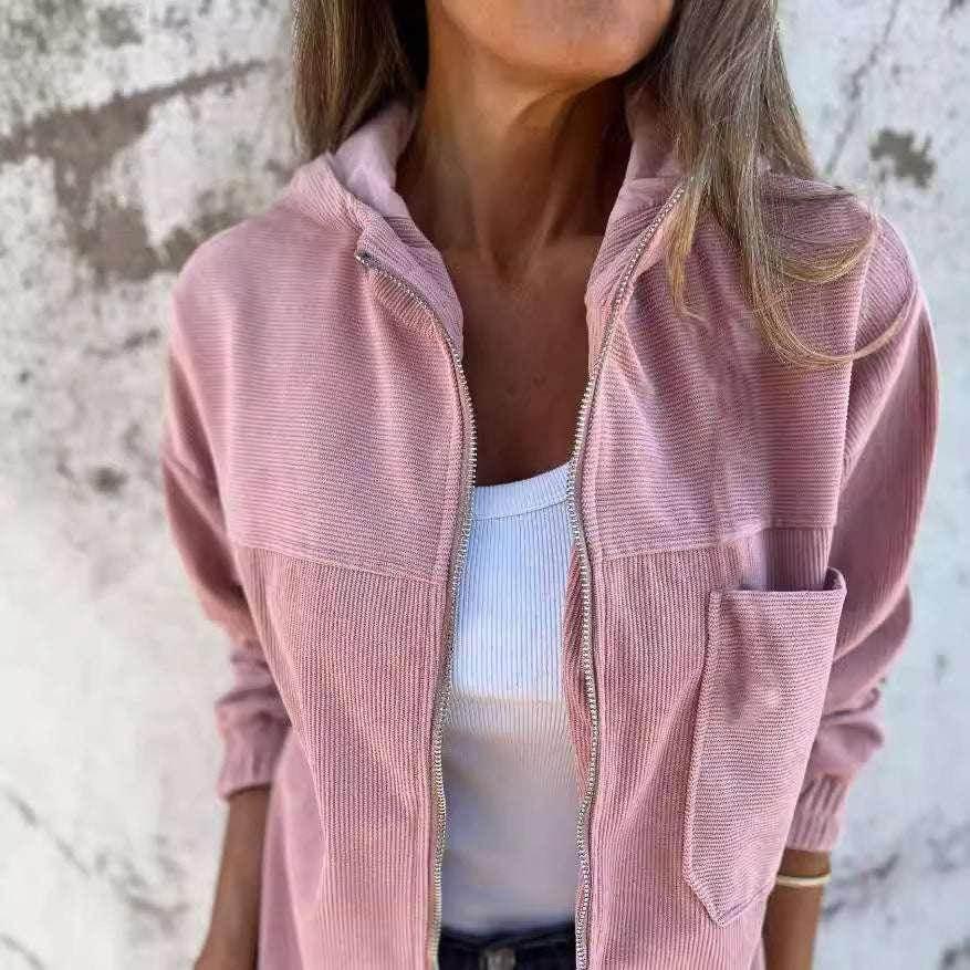 Women’s Corduroy Hooded Jacket with Zipper - ZA-Zola
