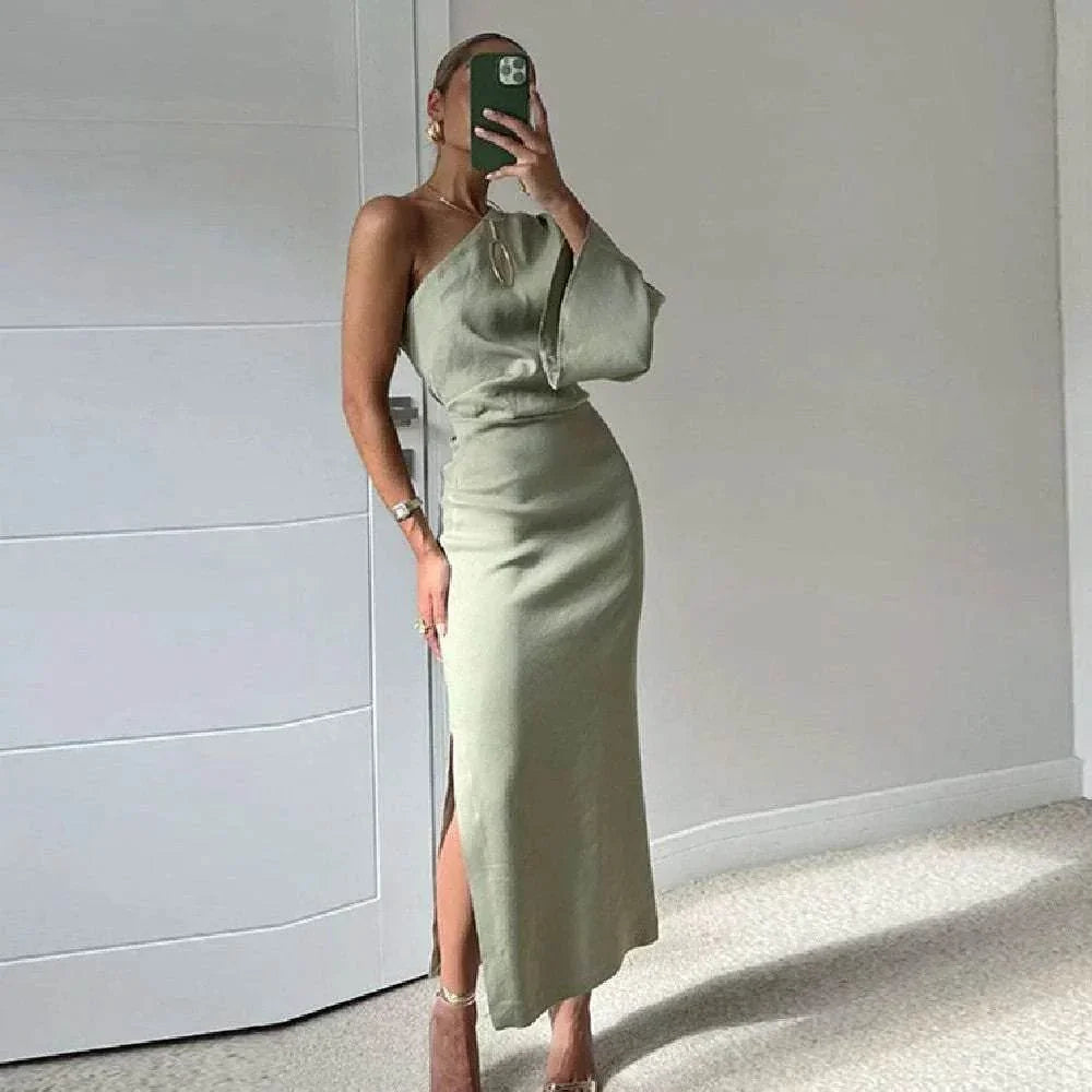 Silk Twill One-Shoulder Asymmetric Slim Dress - ZA-Zola