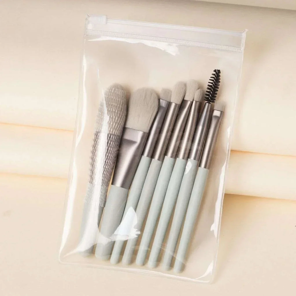 Makeup brush set with soft bristles in clear zip pouch, beauty accessories kit