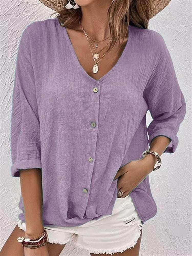 Casual V-Neck Button Top – Loose Fit for Women - ZA-Zola
