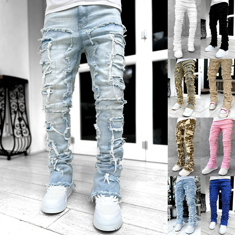 Collage of distressed jeans in various colors worn by different people.