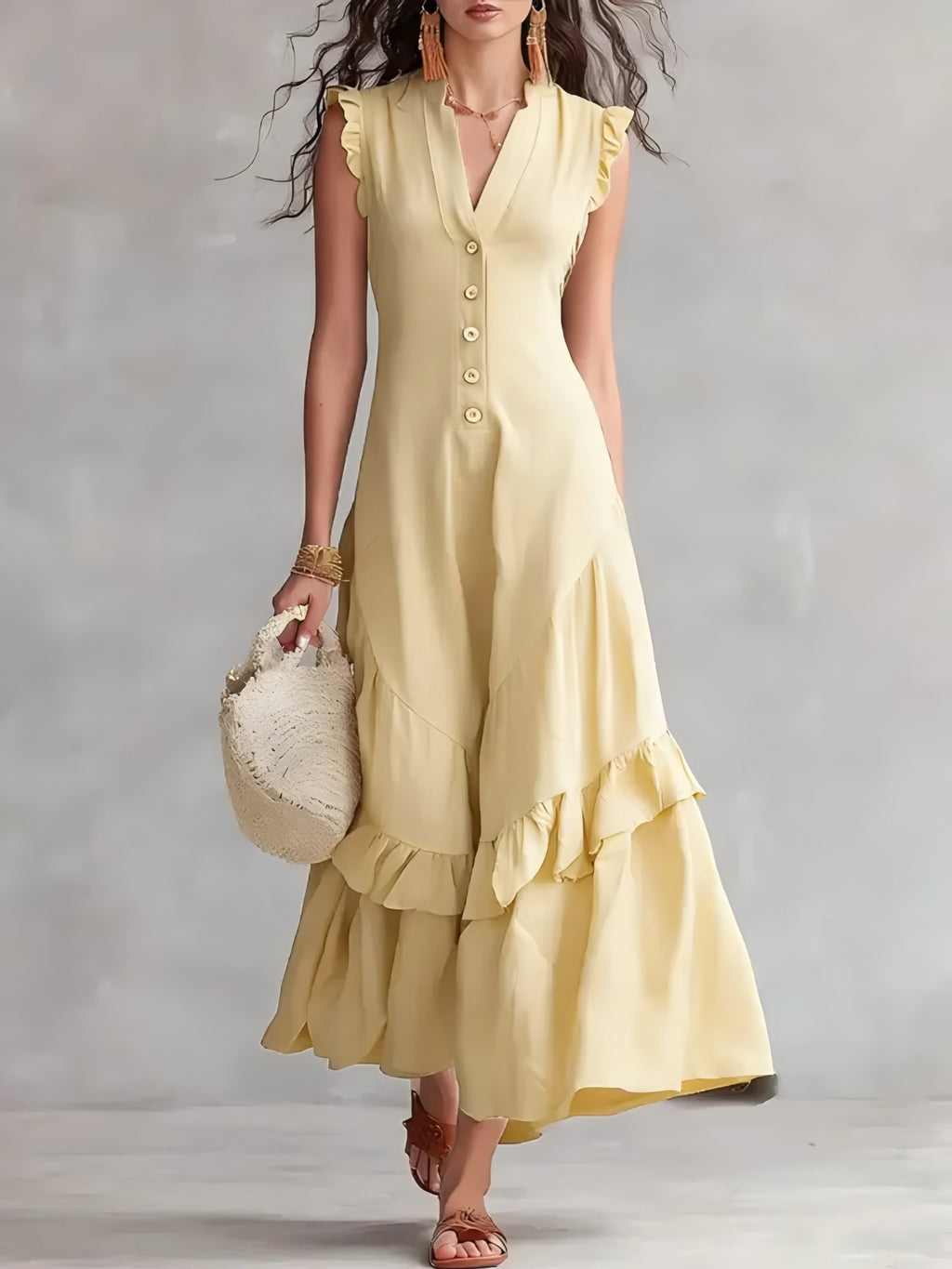 Woman wearing a yellow dress holding a beige handbag against a gray background