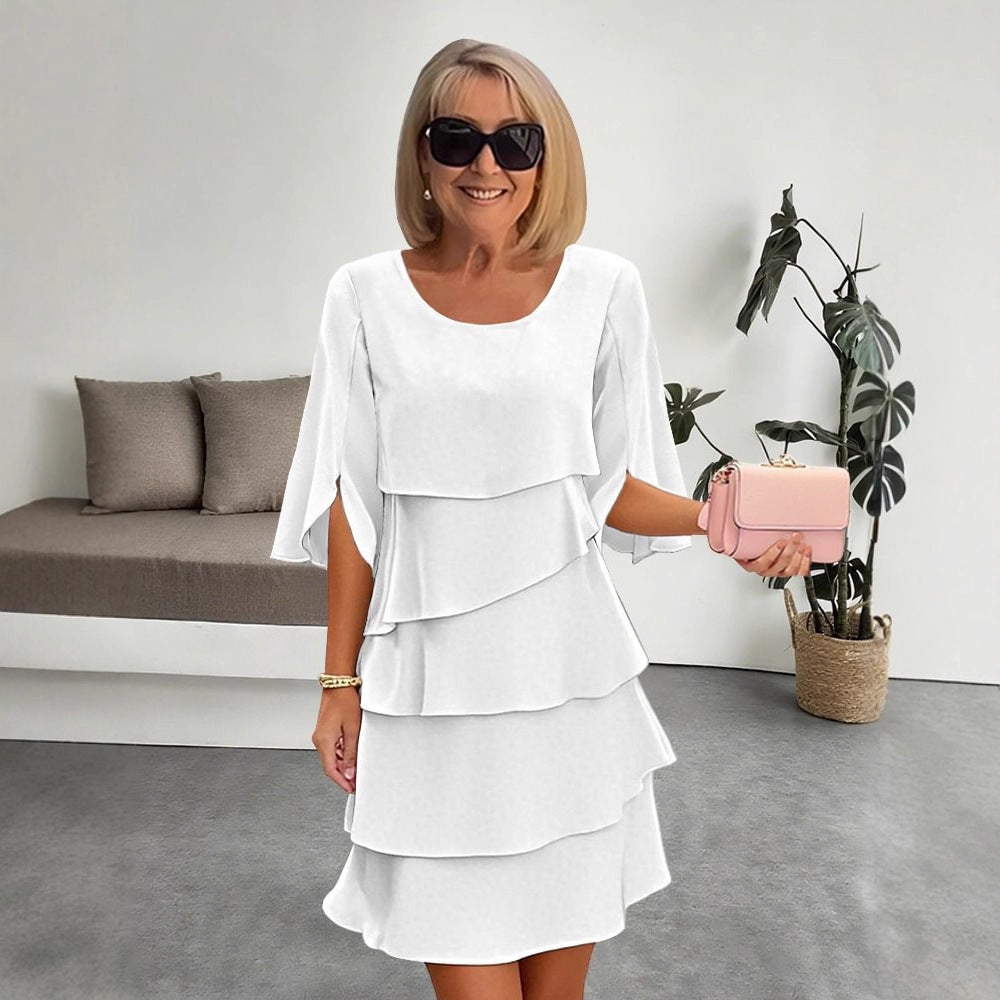 Round Neck Patchwork Cake Skirt Midi Dress for Women