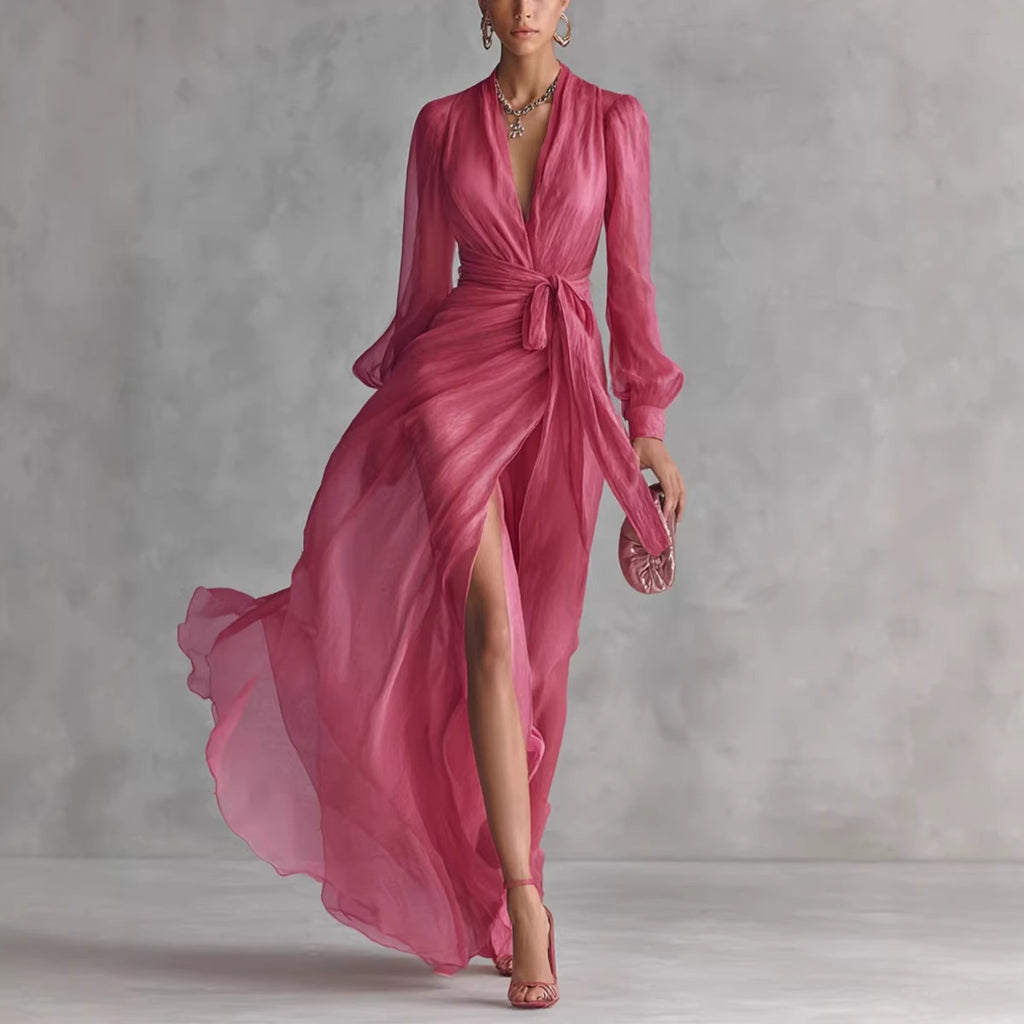 Pink dress with a slit on a gray background