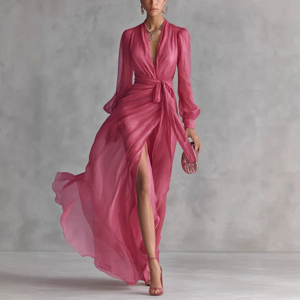 Pink dress with a slit on a gray background