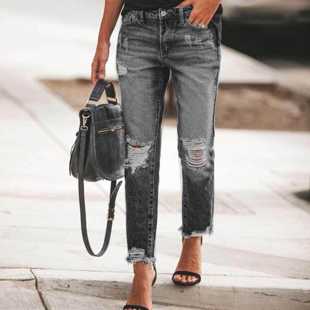 Women's Ripped Retro Straight Jeans - ZA-Zola