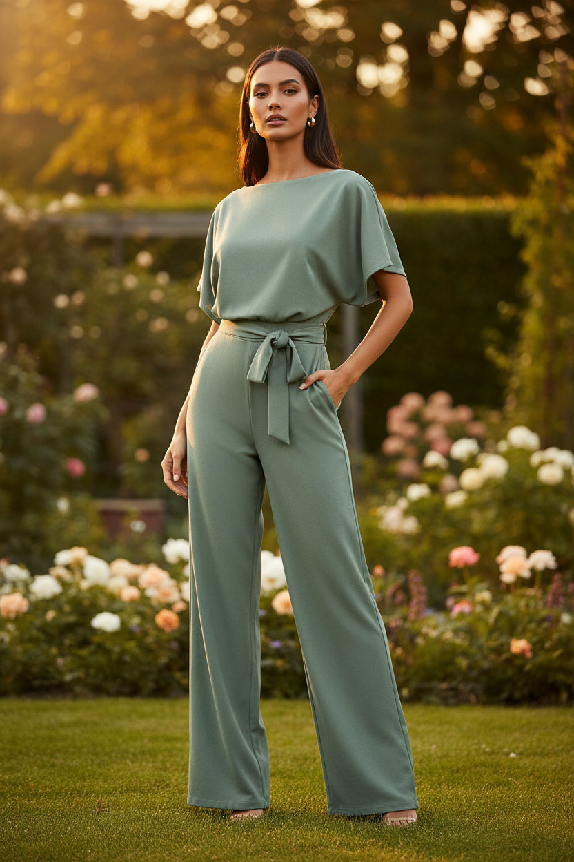 Green jumpsuit worn by a model on a white background