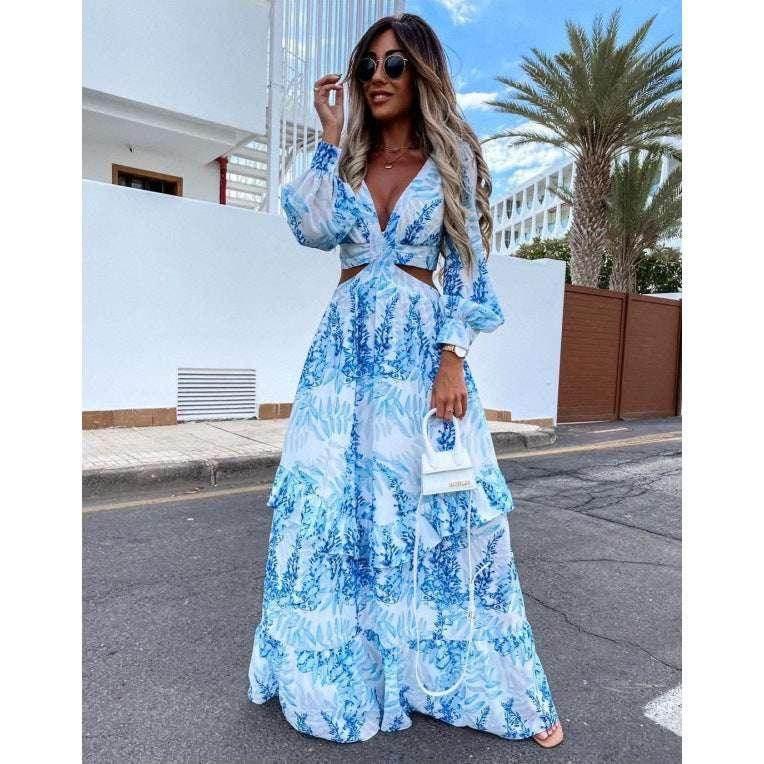 Elegant V-Neck Long Sleeve Chiffon Dress - ZA-Zola