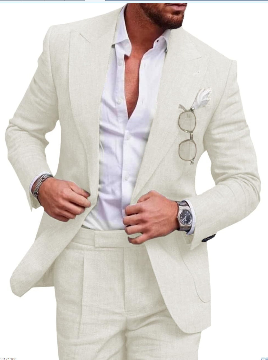 Man wearing a light beige suit with a white shirt on a white background