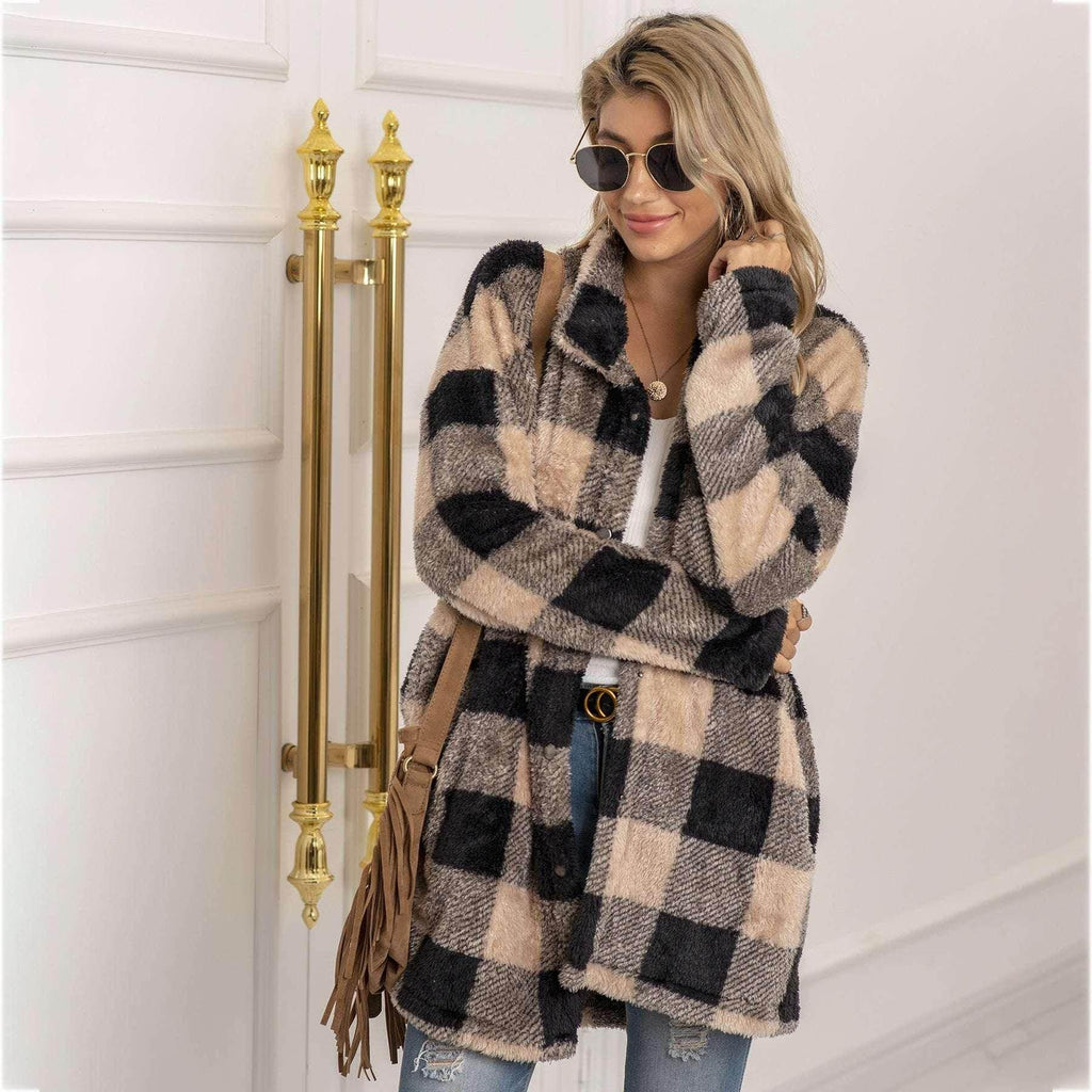 Colorblock Plaid Fleece Jacket for Women - ZA-Zola