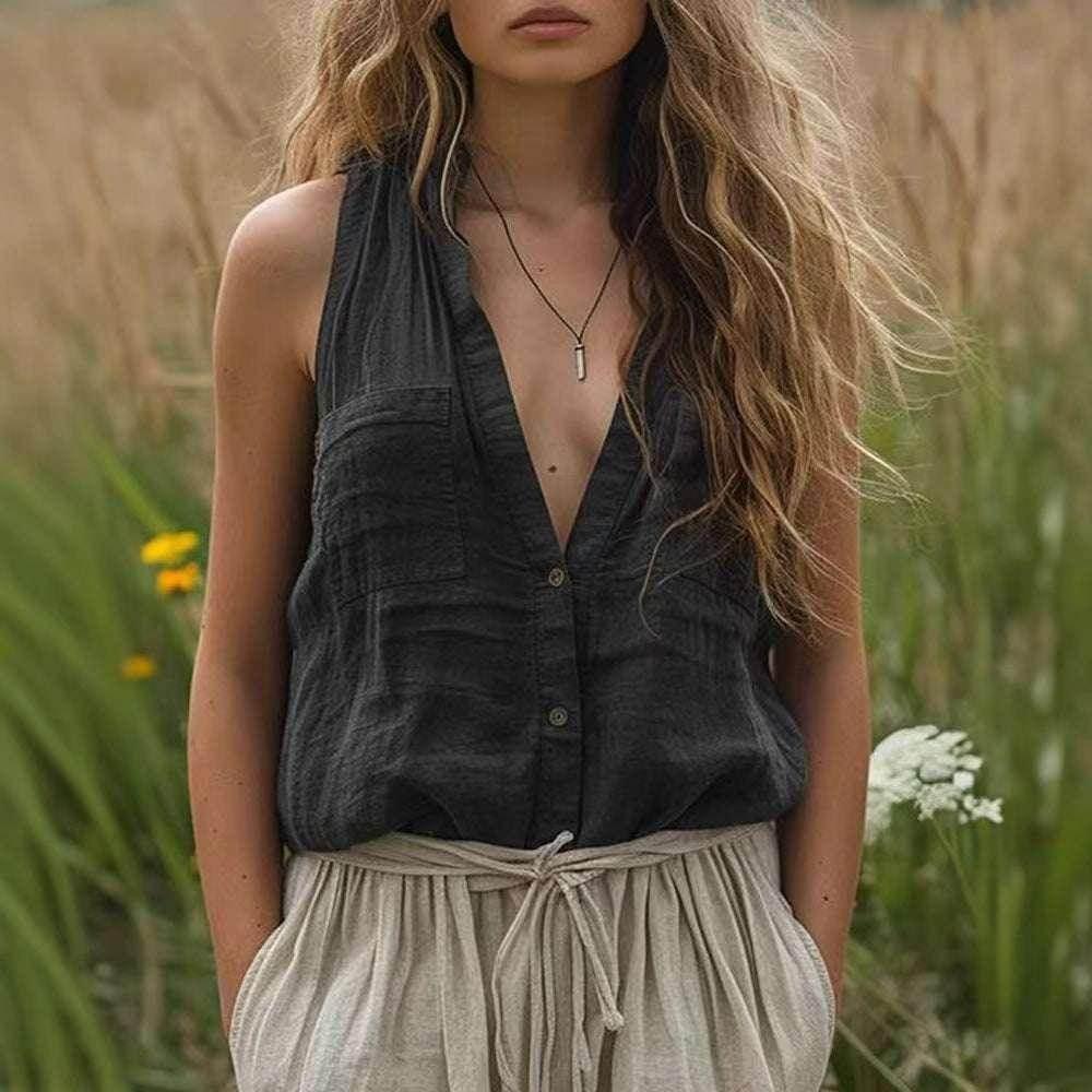 Loose Cotton Linen V-Neck Vest with Pockets - ZA-Zola