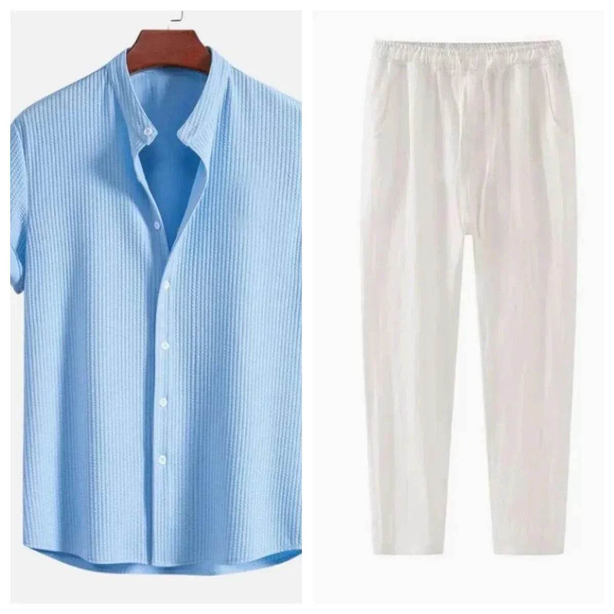 Light blue short-sleeve button-up shirt and white elastic waist trousers, ZA-Zola fashion