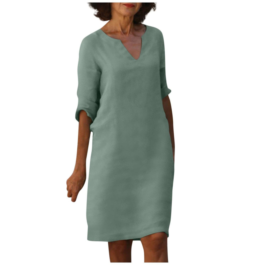 Cotton Linen V-Neck High Waist Retro Summer Dress – A-Line Solid Colour Mid-Length