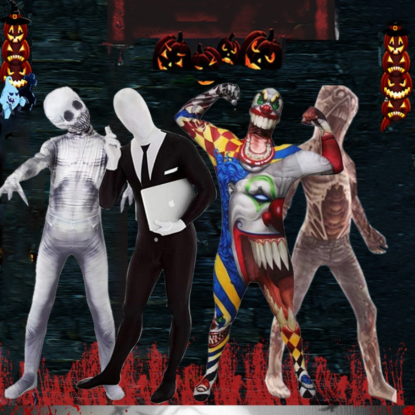 Four Halloween costume figures posed against a dark spooky background with jack-o'-lanterns. The costumes include a white skeleton-style bodysuit, a black suit with white shirt and tie, a multicolor clown costume with red, yellow, blue, green, and white patterns, and a pale flesh-toned zombie-style bodysuit.