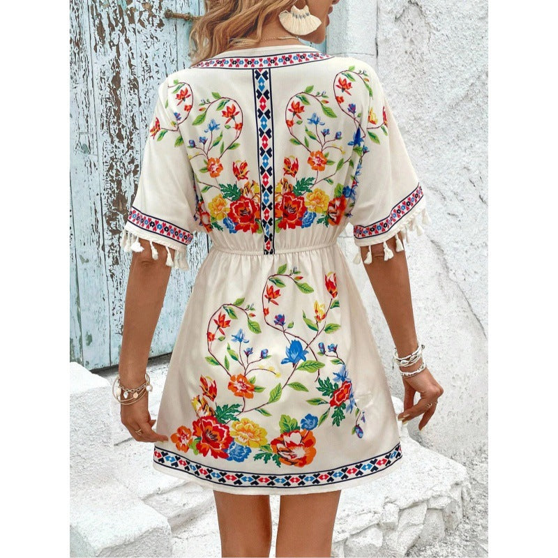 Bohemian Retro Ethnic Print Temperament Waist-Controlled Slimming Short Holiday Dress for Women