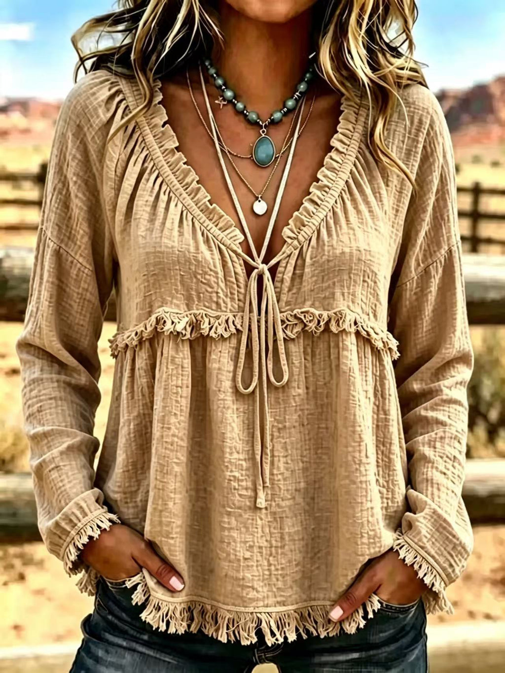 V-Neck Turtleneck Long Sleeve Top – Solid Color Tee