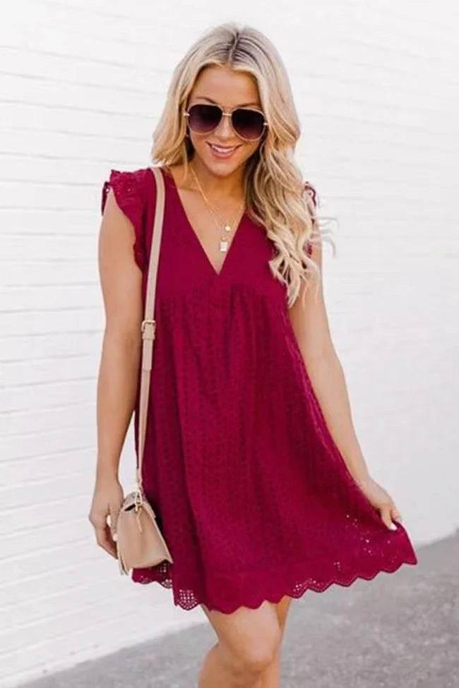 Lace Dresses With Pocket – Summer Sleeveless Jacquard V-Neck Beach Dress - ZA-Zola