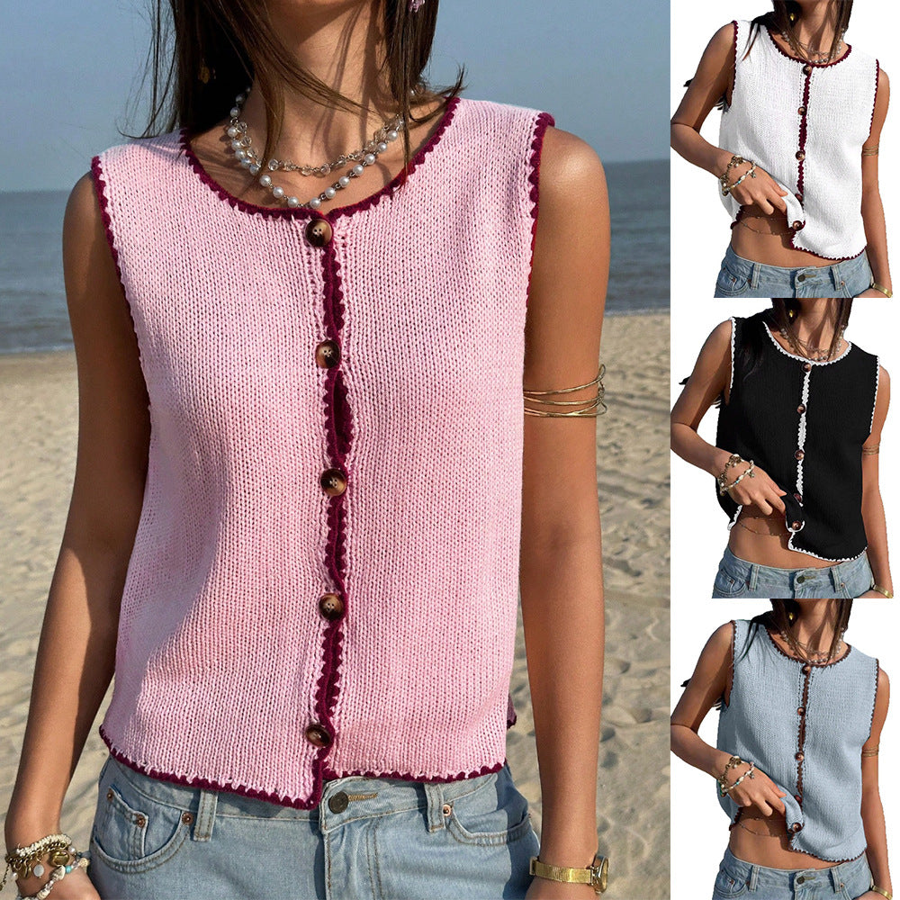 Woman wearing a pink knitted vest on a beach with additional images of the vest in different colors.