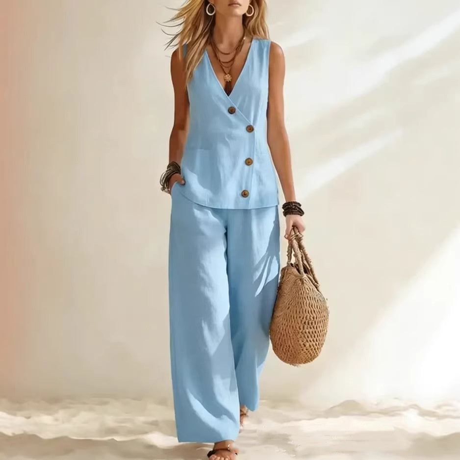 Button Up Cardigan Vest Pants Set | Womens
