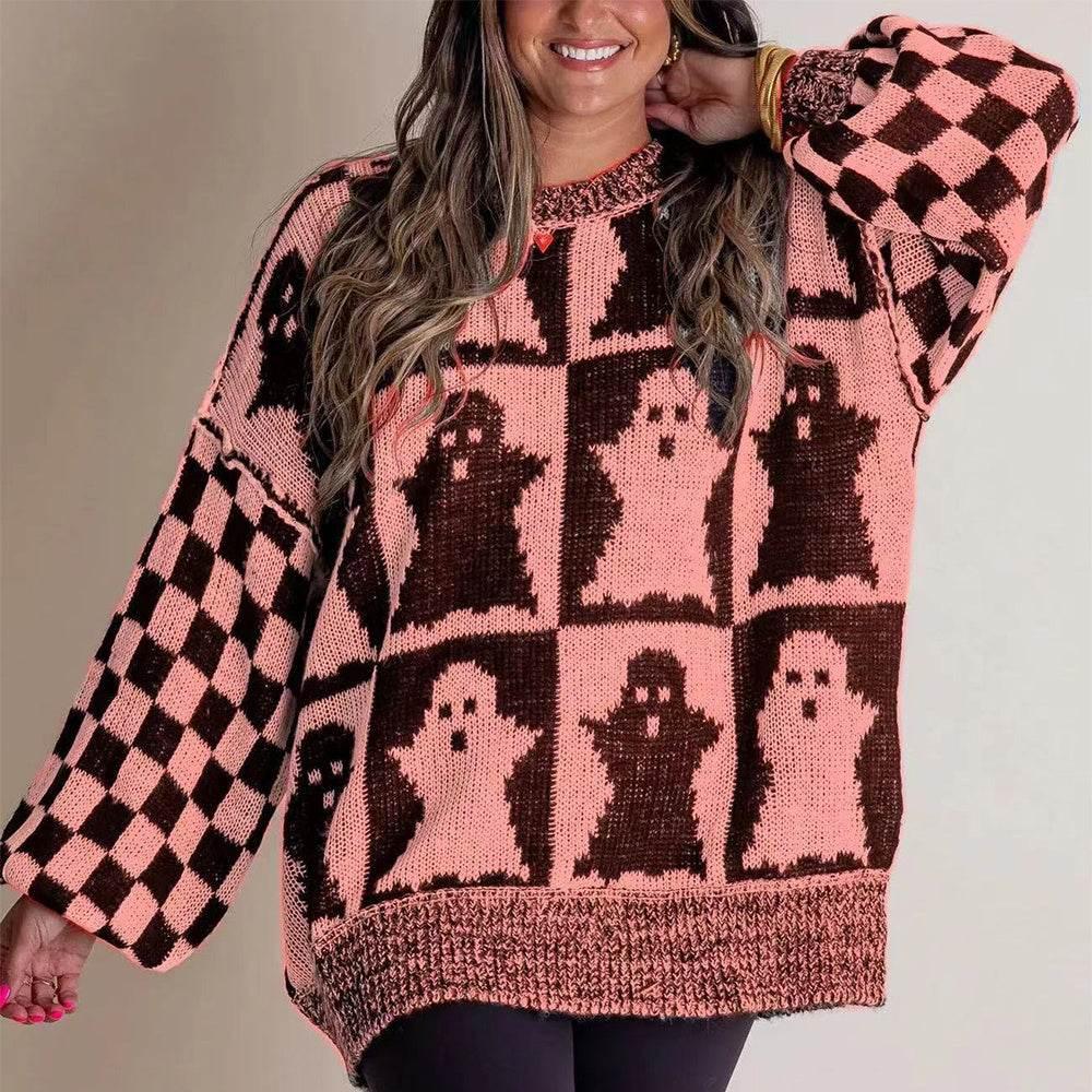 ZA-Zola Halloween Ghost Checkerboard Pullover Sweater - ZA-Zola