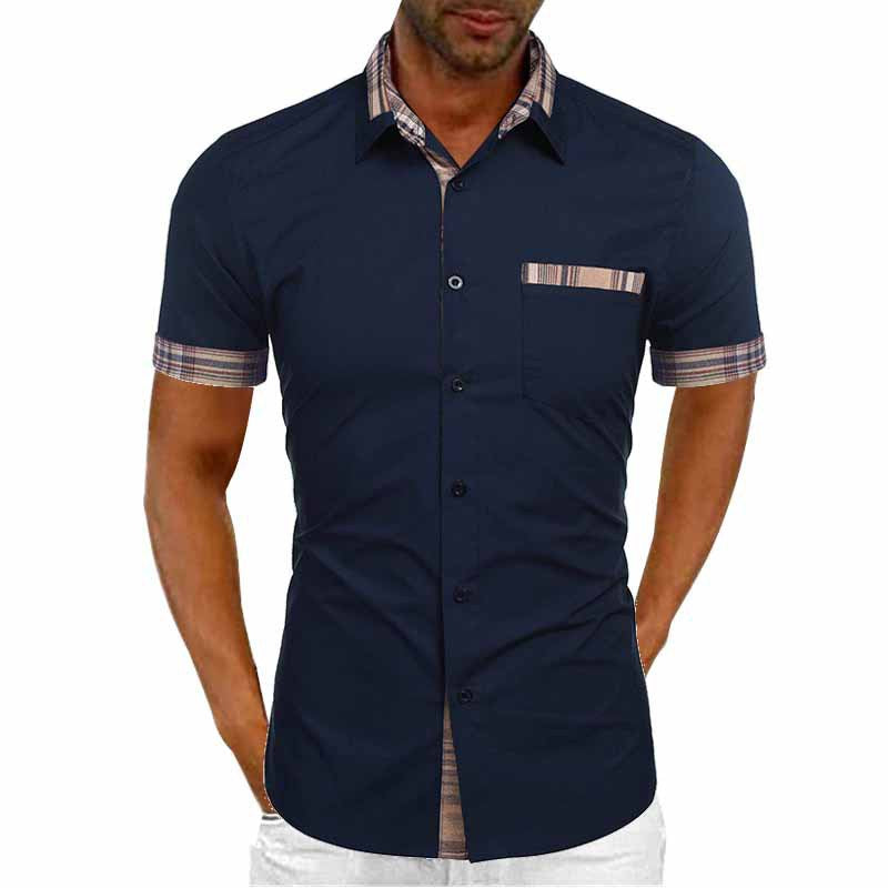 Navy blue short-sleeve shirt with plaid accents on a white background