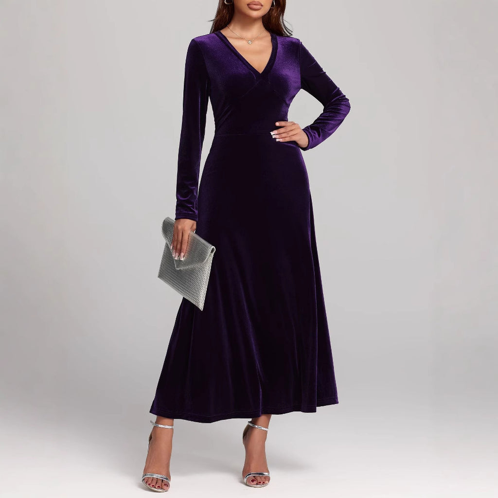 V Neck Velvet Dress | Long Sleeve Velvet Evening Dress 