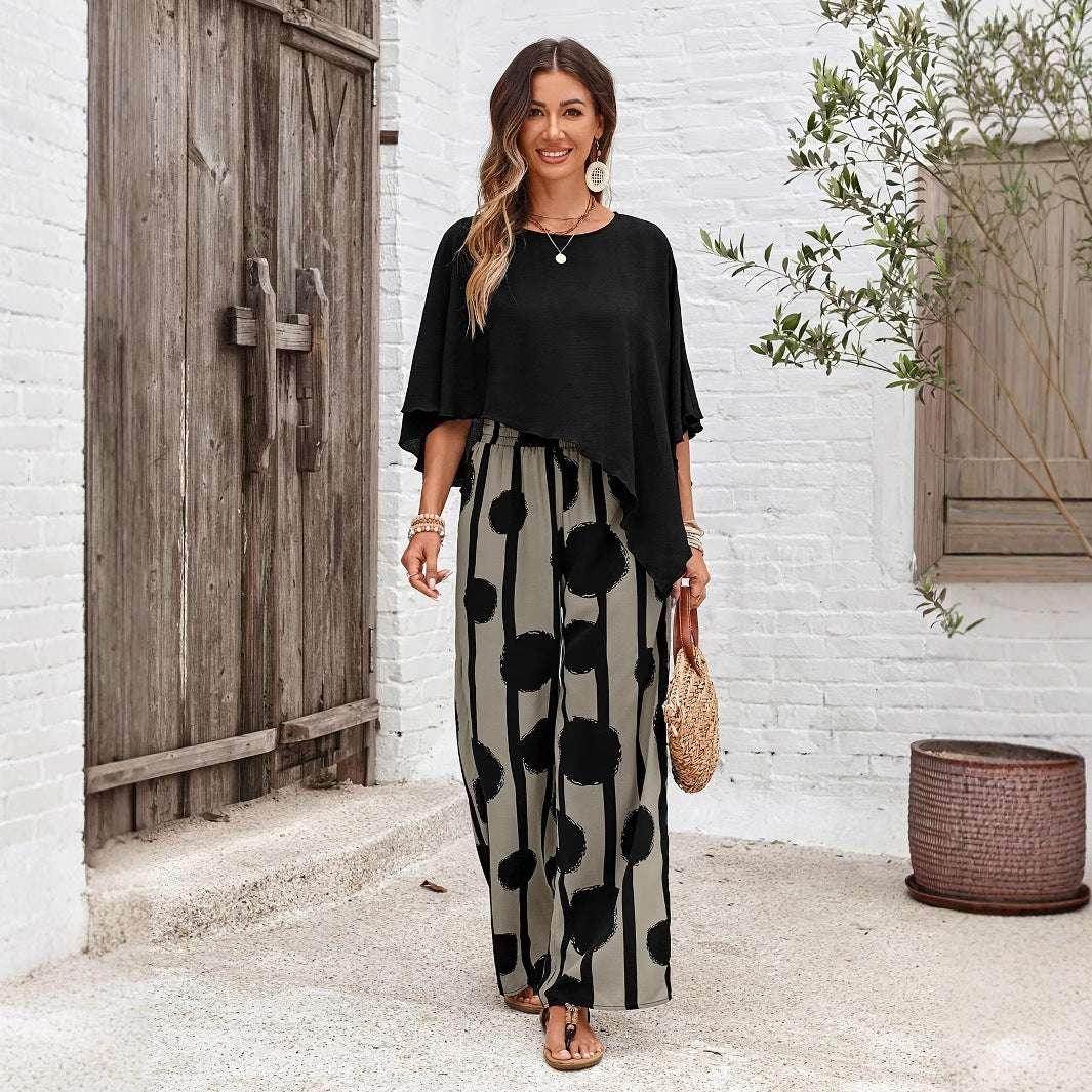 ZA-Zola stylish woman in black top and polka dot wide-leg pants, chic casual look