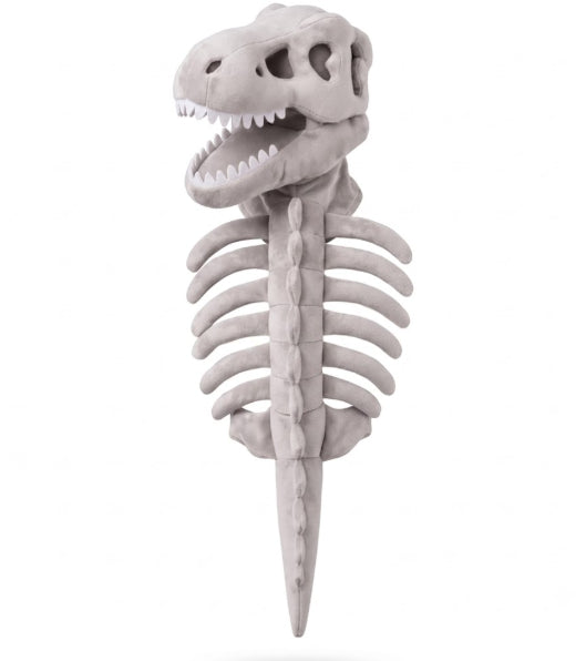 A plush dinosaur skeleton toy with a gray T-rex skull, rib cage, spine, and tail, shown against a plain white background.